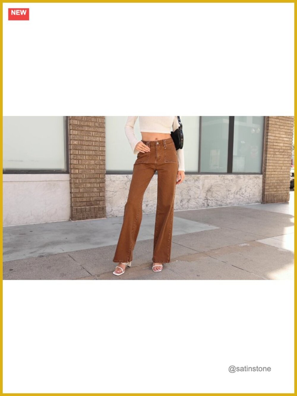 High Waisted Wide Leg Stretchy Denim Pants with Pockets - Picture 6 of 6
